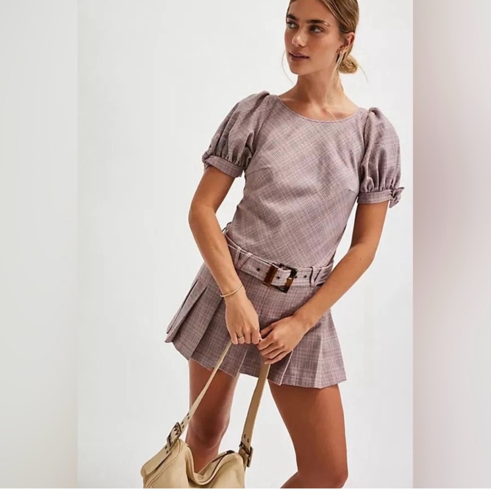 Free People Sevi pink/cream Open Back Belted Mini Dress Size L NWOT